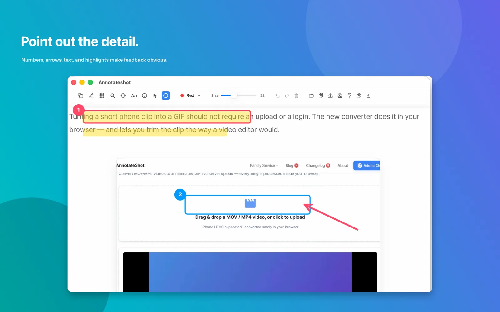 Annotateshot editor with numbered markers, highlight rectangles, and arrow annotation