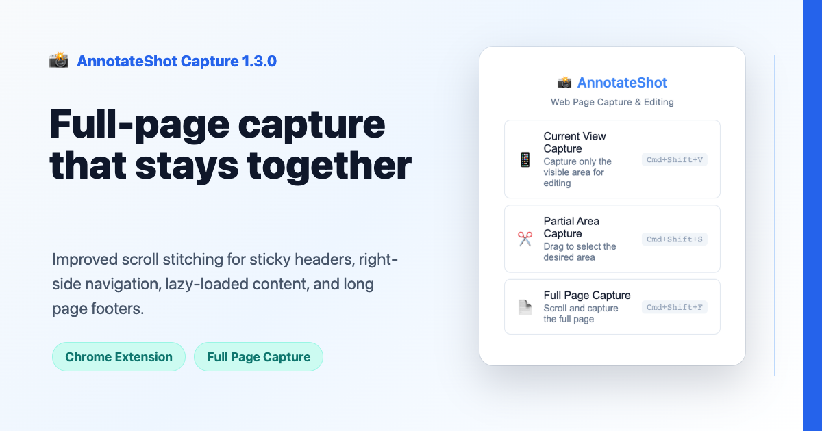 AnnotateShot Capture popup with current view, partial area, and full page capture actions
