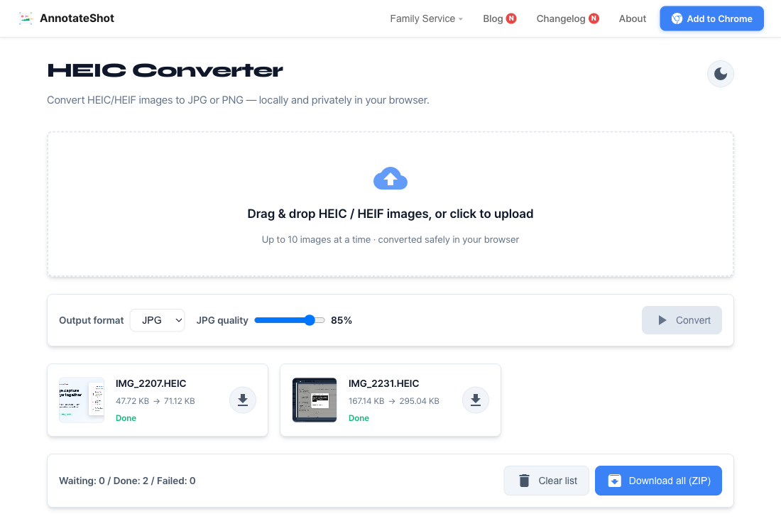 HEIC Converter showing a drag-and-drop area, output settings, and two converted files ready to download