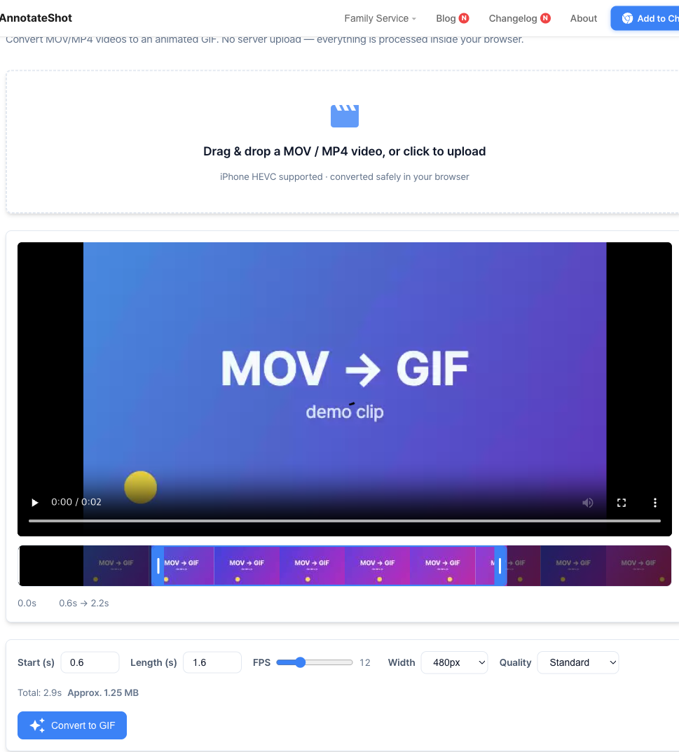 MOV to GIF converter showing a video preview, a thumbnail filmstrip with draggable trim handles, and quality, fps and size controls